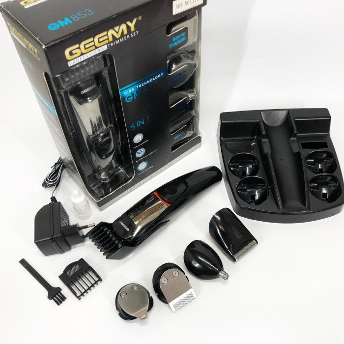 Машинка для стрижки 5в1 Geemy GM-853 стайлер, бритва, триммер на акумуляторі нержавіюча сталь 6 насадок