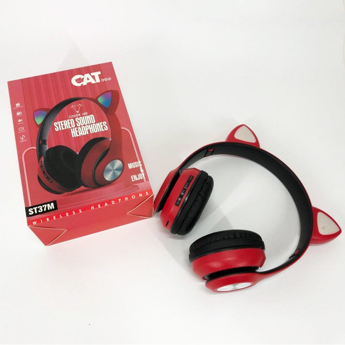 Навушники накладні бездротові ST37M зі котячими вушками, що світяться. Колір: червоний