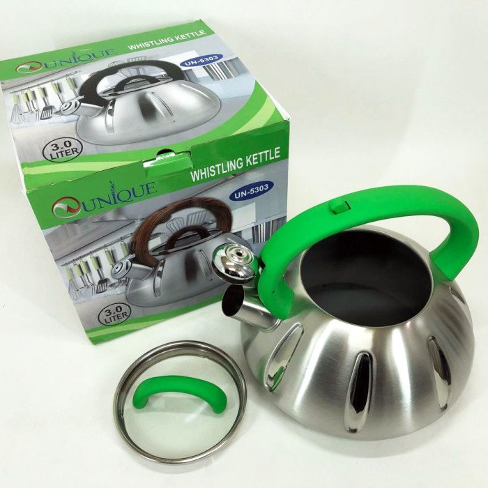 Чайник із свистком Unique UN-5303 кухонний на 3 літри, Чайник нержавіючий зі свистком. Колір: зелений