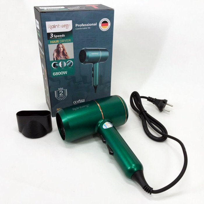 Фен для укладання та сушіння волосся Rainberg RB-2211 + насадка-концентратор, гарний потужний фен. Колір: зелений