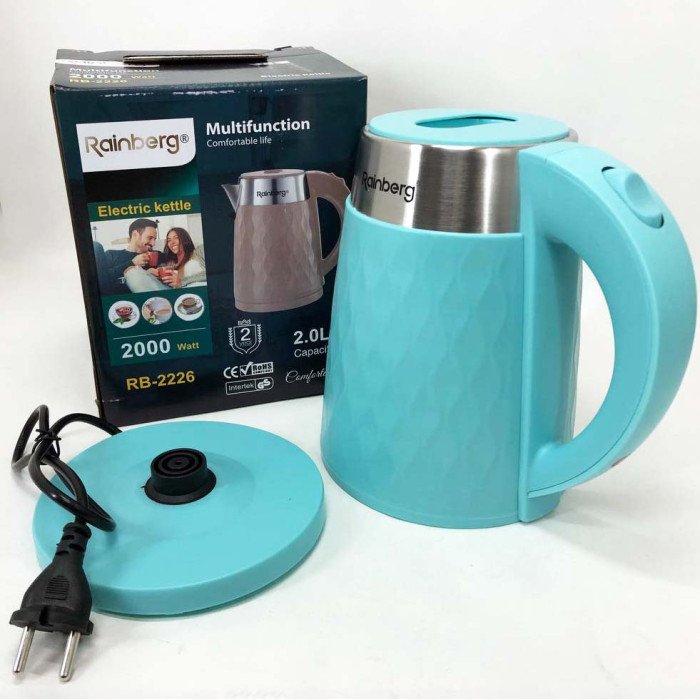 Чайник електричний Rainberg RB-2226BR із нержавіючої сталі 2000Вт 2л, безшумний чайник. Колір: блакитний