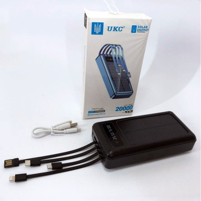 Портативний зарядний пристрій на 20000mAh, Power Bank на сонячній батареї, для планшета. Колір: чорний