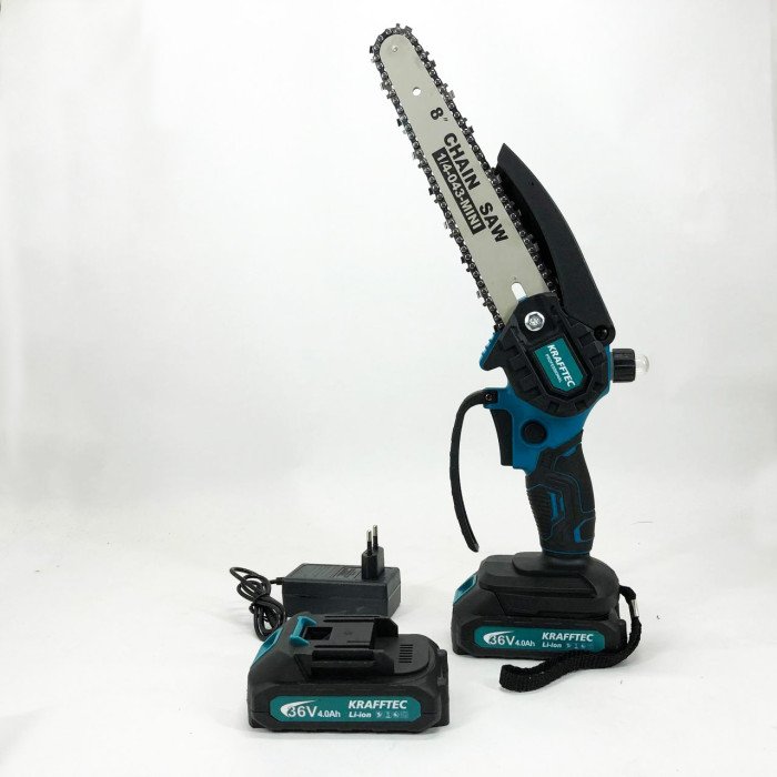 Акумуляторна ланцюгова міні пила 20 см у кейсі Krafftec (36V 4 Ач) + 2 акумулятори та індикатором заряду