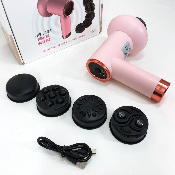 Масажер антицелюлітний для тіла рук та ніг 4 насадки 6 швидкостей Deep Rolling Massager. Колір: рожевий