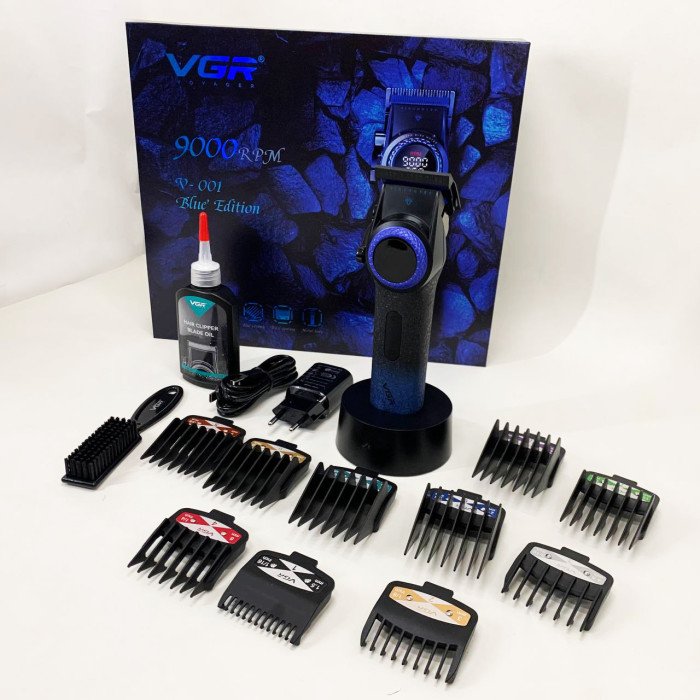 Професійна машинка для стрижки волосся VGR V-001 BLUE з дисплеєм 9000 об/хв та 10 насадками 1,5-24 мм