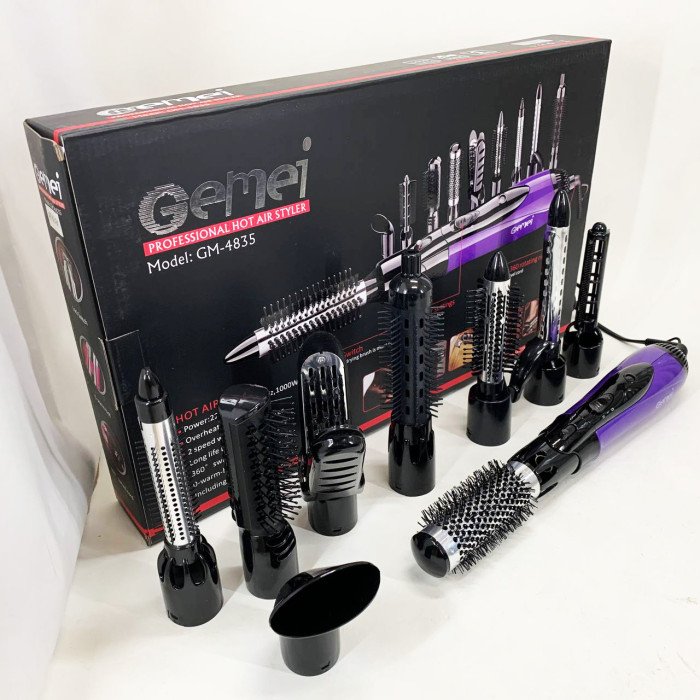 Фен - щітка стайлер Gemei GM-4835 багатофункціональний набір з насадками для волосся 10 в 1. Колір: фіолет