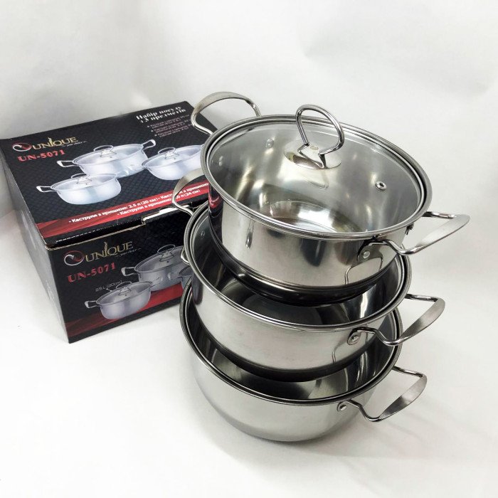 Набір каструль із нержавіючої сталі UNIQUE UN-5071 6 предметів, Каструлі з прозорими кришками