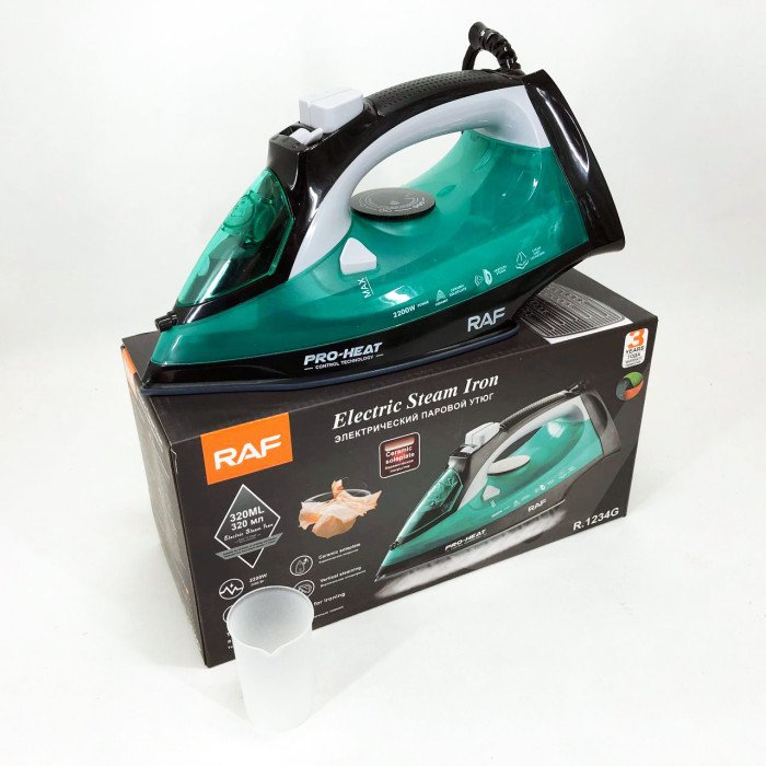 Праска парова RAF R.1234G з керамічною підошвою 2200 Вт, Праска з парою для дому. Колір: зелений