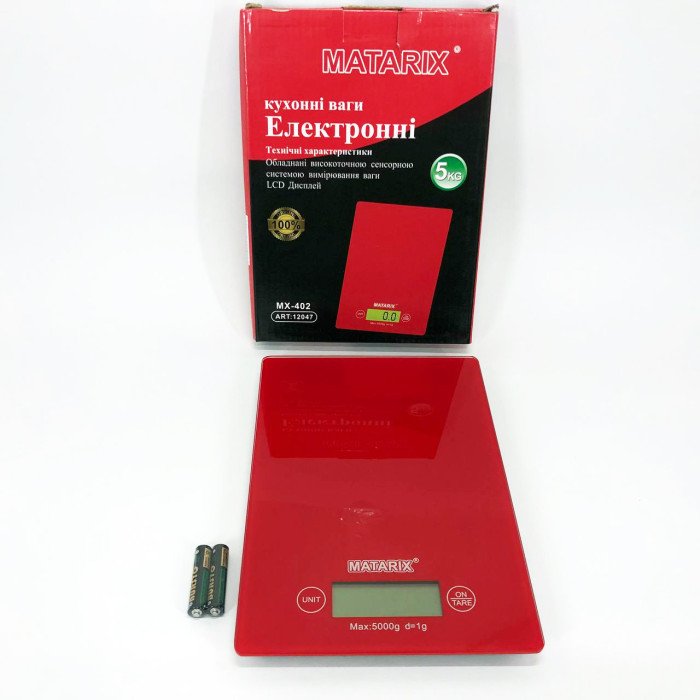 Ваги кухонні MATARIX MX-402 5 кг з дисплеєм, Ваги кухонні для продуктів домашні. Колір: червоний