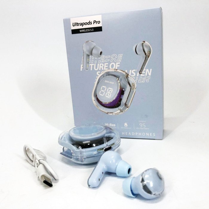 Бездротові навушники TWS T8 PRO з прозорим кейсом Вакуумний LED дисплей Bluetooth 5.3. Колір: блакитний