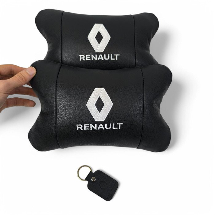 Набір подушок 2шт для авто Renault, натуральна шкіра, на підголівник у машину з логотипом Рено