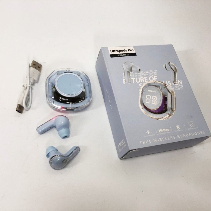 Бездротові навушники TWS T8 PRO з прозорим кейсом Вакуумний LED дисплей Bluetooth 5.3. Колір: блакитний