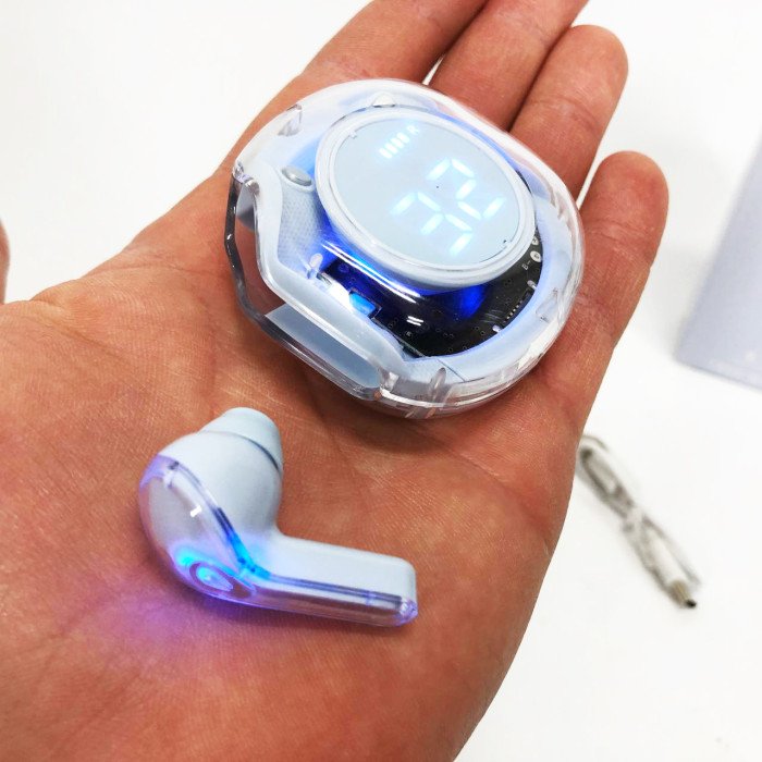 Бездротові навушники TWS T8 PRO з прозорим кейсом Вакуумний LED дисплей Bluetooth 5.3. Колір: блакитний