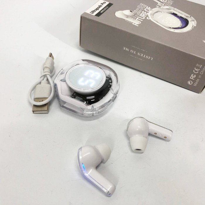 Бездротові навушники TWS T8 PRO з прозорим кейсом Вакуумний LED дисплей Bluetooth 5.3. Колір: білий