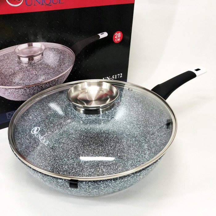 Сковорода глибока UNIQUE UN-5172 28 см з кришкою, Міцна сковорідка з антипригарним покриттям