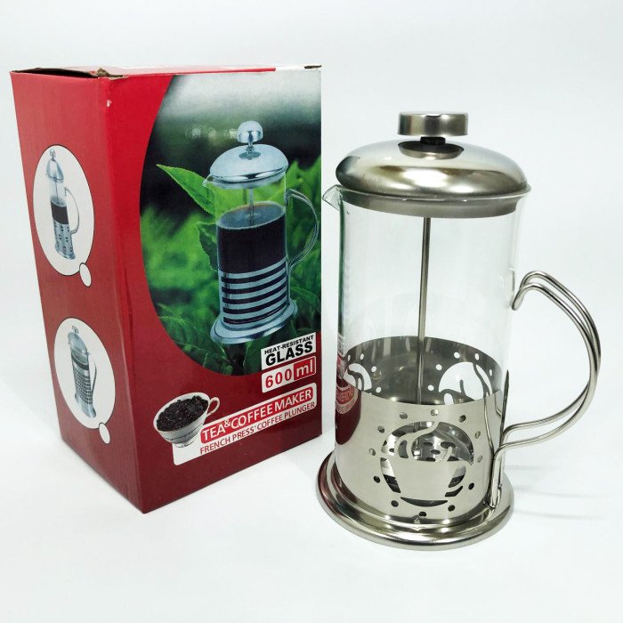 Френч-прес заварник металевий корпус UNIQUE UN-1152 600 мл, Скляний чайник для заварювання чаю