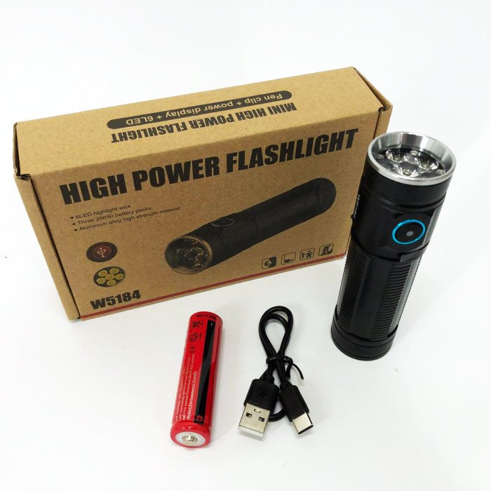 Ручний ліхтарик W5184-6XHP360, Супер яскравий ліхтарик, Суперпотужний пошуковий ручний ліхтар тактичний