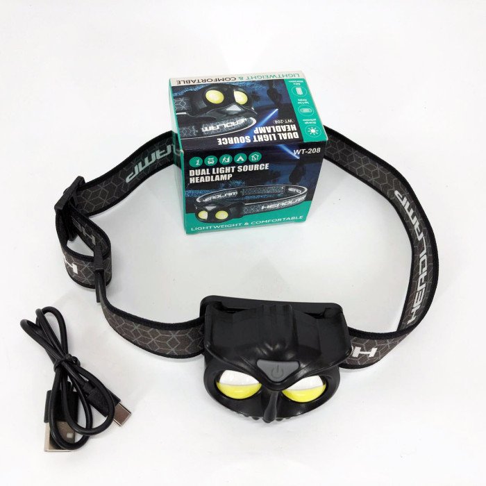 Ліхтар налобний WT208 2COB, білий, червоний, Налібний ліхтарик з usb зарядкою, Водонепроникний ліхтарик