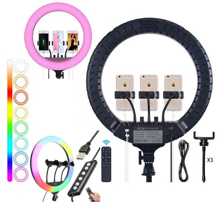 Кільцева LED лампа RGB MJ45 Ring 45 см комплектація адаптер із вбудованим кабелем, тримачі для телефону, пульт