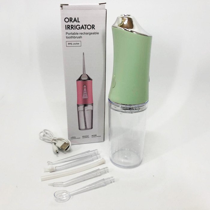 Іригатор для чищення зубів та порожнини рота Oral Irrigator з акумулятором та змінними насадками. Колір: зелений