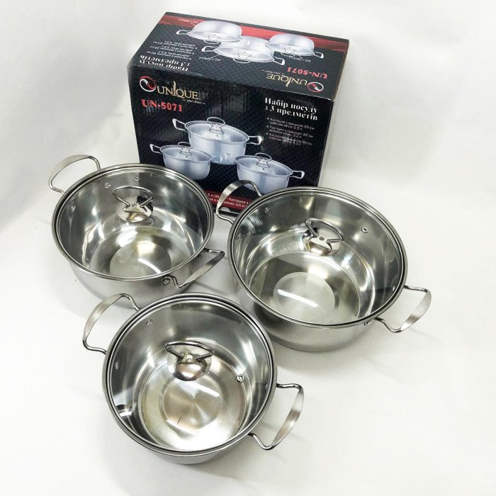Набір каструль із нержавіючої сталі UNIQUE UN-5071 6 предметів, Каструлі з прозорими кришками