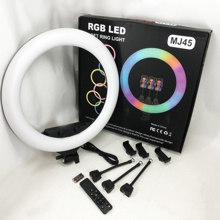 Кільцева LED лампа RGB MJ45 Ring 45 см комплектація адаптер із вбудованим кабелем, тримачі для телефону, пульт