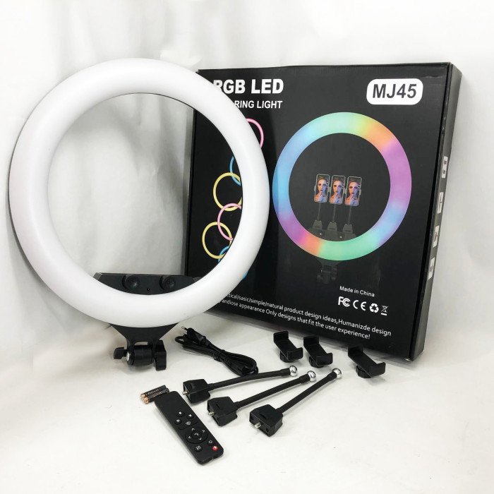 Кільцева LED лампа RGB MJ45 Ring 45 см комплектація адаптер із вбудованим кабелем, тримачі для телефону, пульт