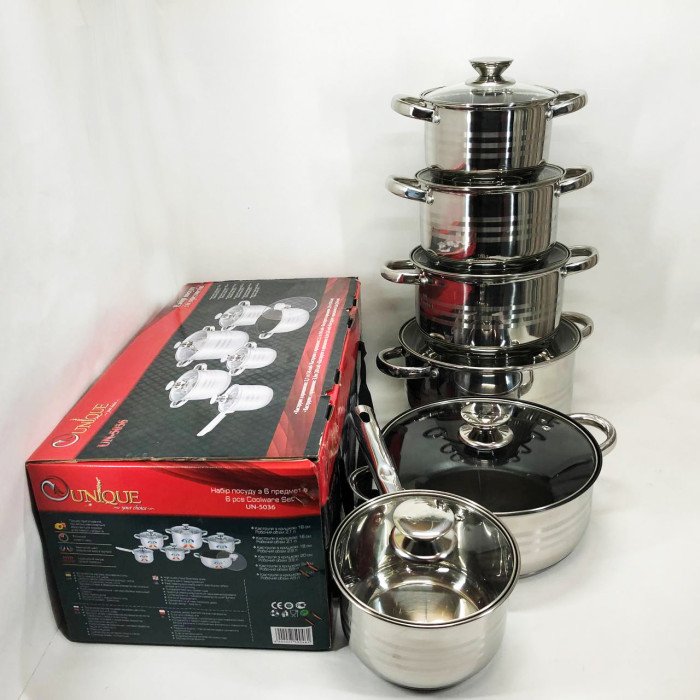 Набор посуды UNIQUE UN-5036 из нержавеющей стали с толстым 5-ти слойным дном.