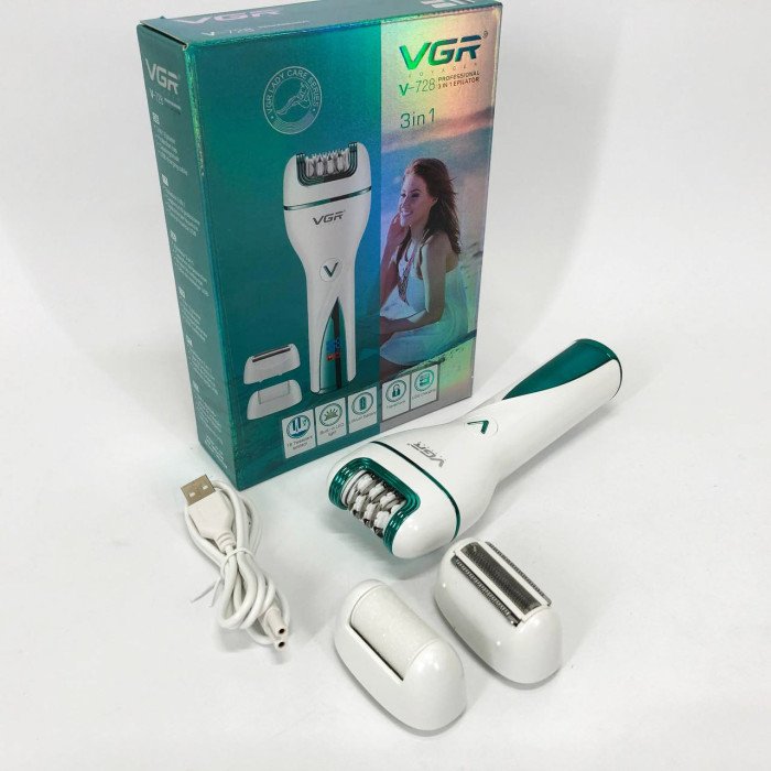 Епілятор акумуляторний жіночий 3 в 1 VGR V-728 Бездротовий електроепілятор пемза бритва для ніг і рук