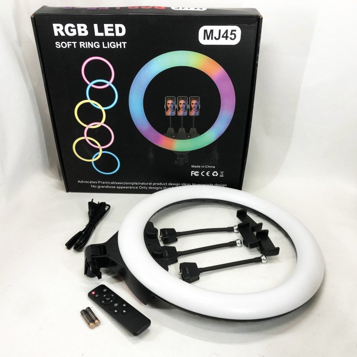 Кільцева LED лампа RGB MJ45 Ring 45 см комплектація адаптер із вбудованим кабелем, тримачі для телефону, пульт