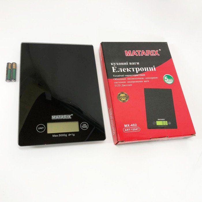 Ваги кухонні MATARIX MX-402 5 кг з дисплеєм, Компактні кухонні ваги для їжі. Колір: чорний
