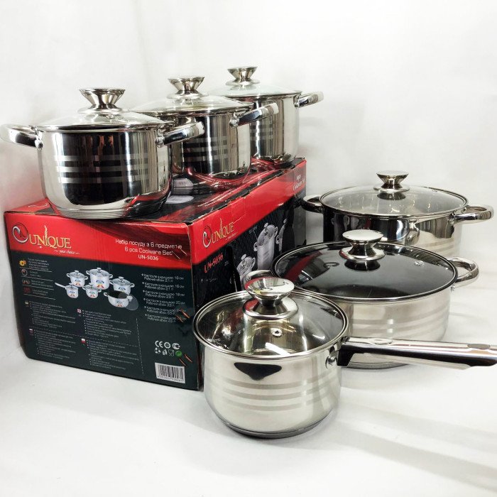 Набор посуды UNIQUE UN-5036 из нержавеющей стали с толстым 5-ти слойным дном.