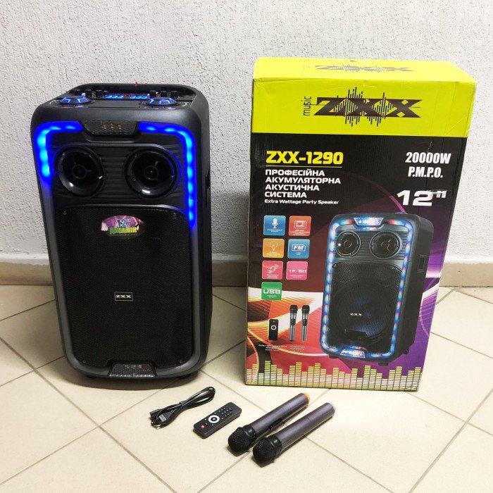 Акустична переносна колонка ZXX-1290 600 Вт 12 дюйм 71х345х30см два мікрофони пульт ДК з підсвічуванням
