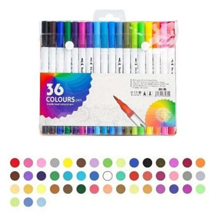 Професійний набір 36 шт двосторонніх маркерів лінер+пензель з м'якою головкою на водній основі