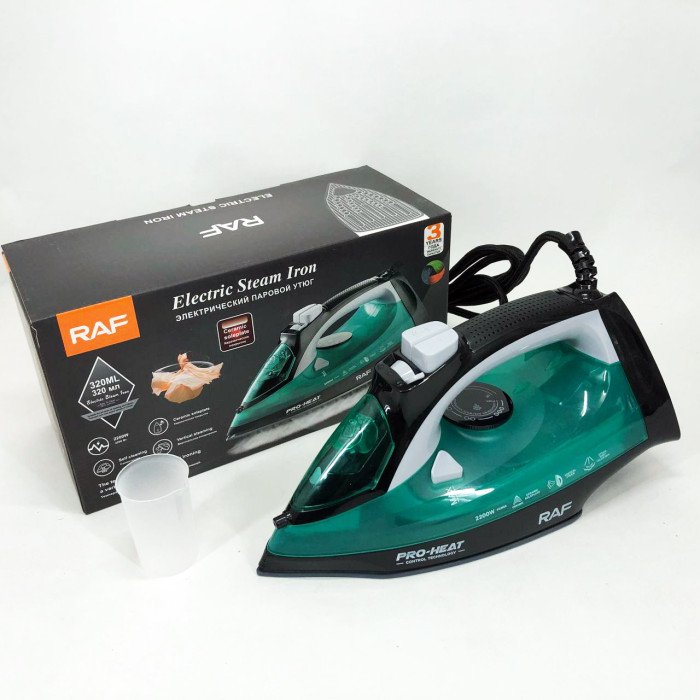 Праска парова RAF R.1234G з керамічною підошвою 2200 Вт, Праска з парою для дому. Колір: зелений