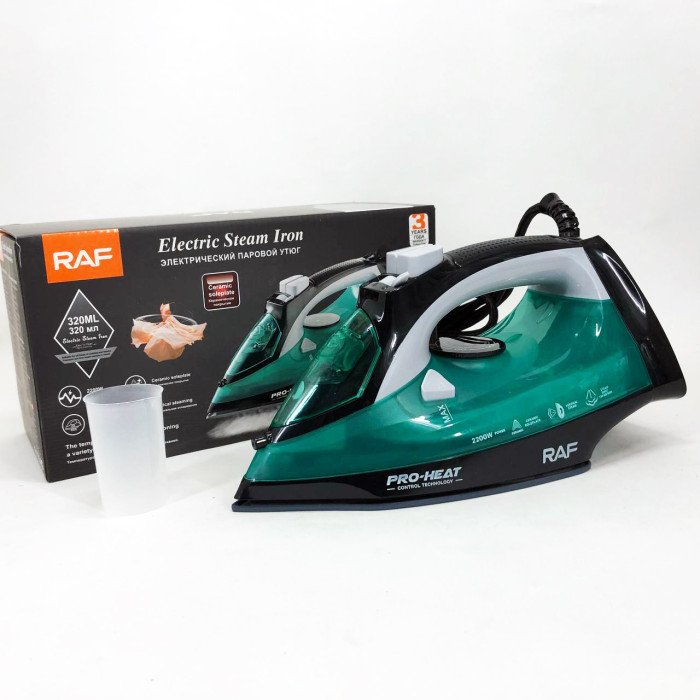Праска парова RAF R.1234G з керамічною підошвою 2200 Вт, Праска з парою для дому. Колір: зелений