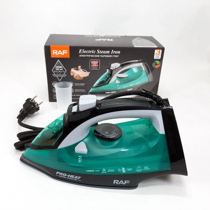 Праска парова RAF R.1234G з керамічною підошвою 2200 Вт, Праска з парою для дому. Колір: зелений
