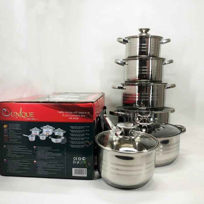 Набор посуды UNIQUE UN-5036 из нержавеющей стали с толстым 5-ти слойным дном.
