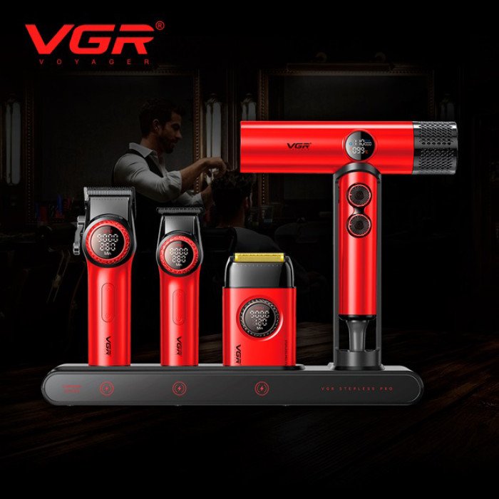 Набір VGR STEPLERSS RPO 4 IN 1 RED, триммер, машинка для стрижки, електробритва, фен