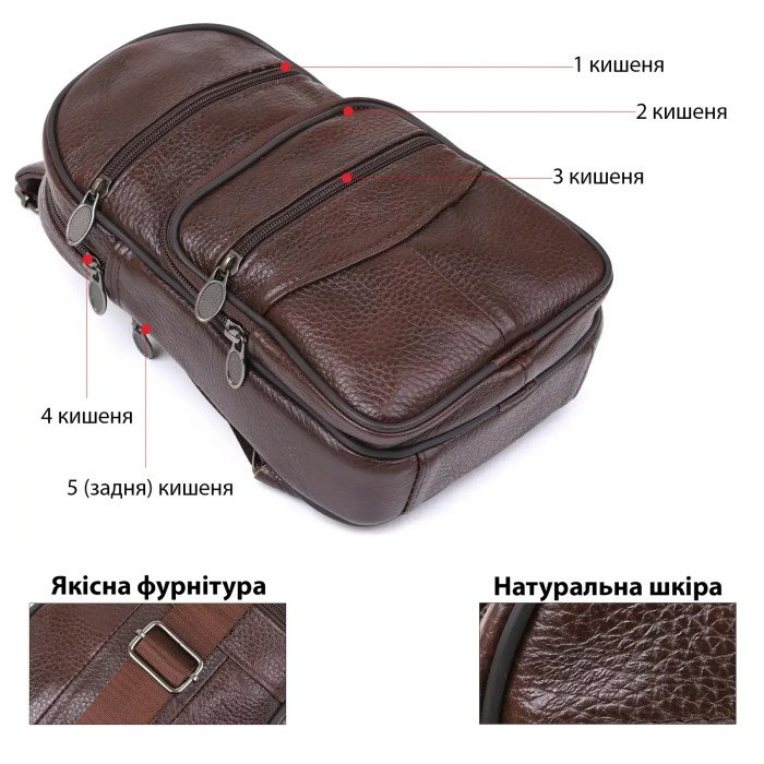 Стильна чоловіча шкіряна сумка слінг,середнього розміру з якісної італійської шкіри у фірмовій упаковці