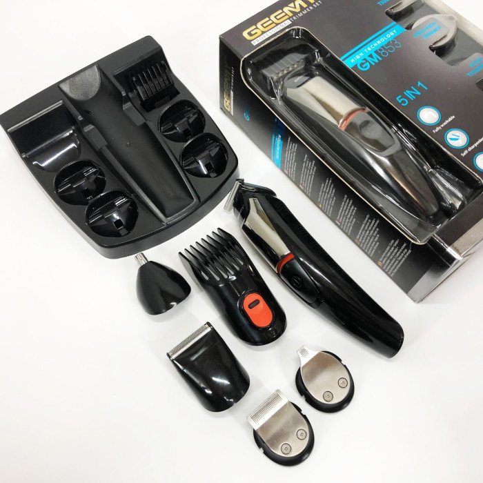 Машинка для стрижки 5в1 Geemy GM-853 стайлер, бритва, триммер на акумуляторі нержавіюча сталь 6 насадок