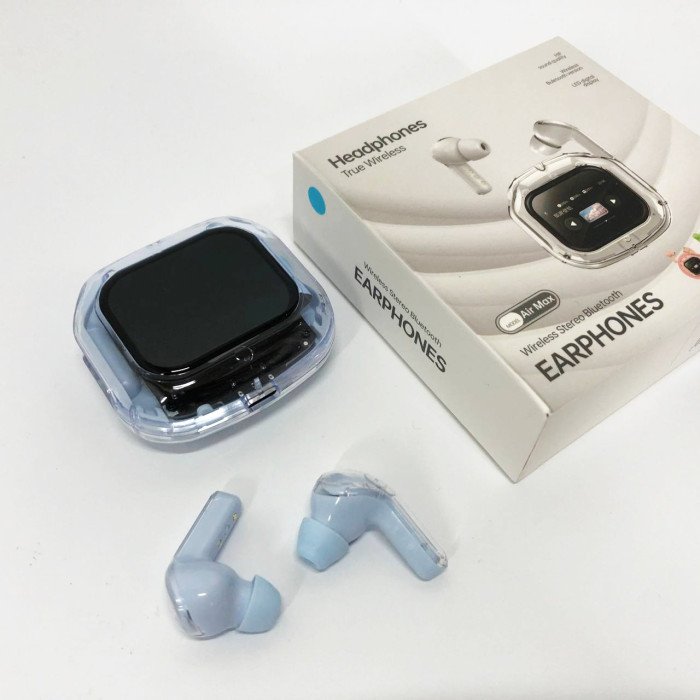 Бездротові вакуумні навушники TWS з дисплеєм LED, вологозахист IPx4 Bluetooth 5.4 з кейсом. Колір: блакитний