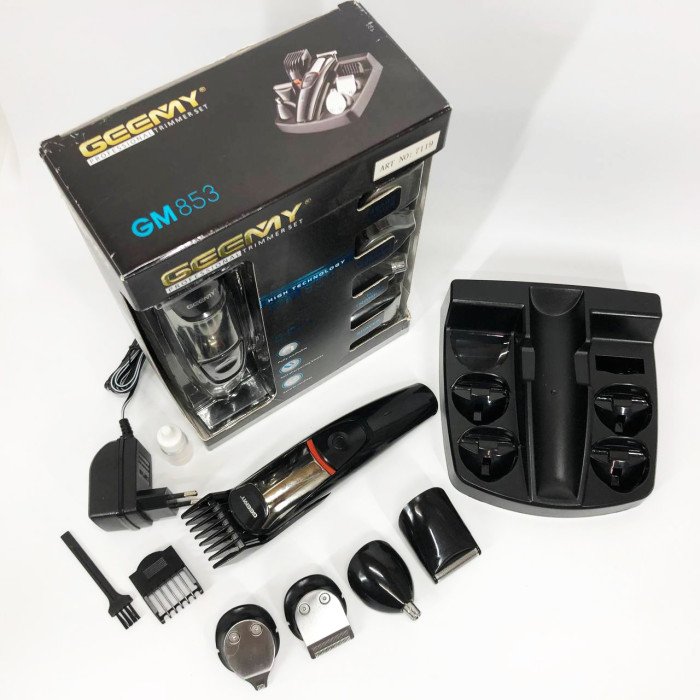 Машинка для стрижки 5в1 Geemy GM-853 стайлер, бритва, триммер на акумуляторі нержавіюча сталь 6 насадок