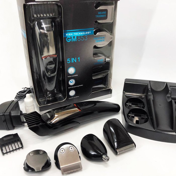 Машинка для стрижки 5в1 Geemy GM-853 стайлер, бритва, триммер на акумуляторі нержавіюча сталь 6 насадок