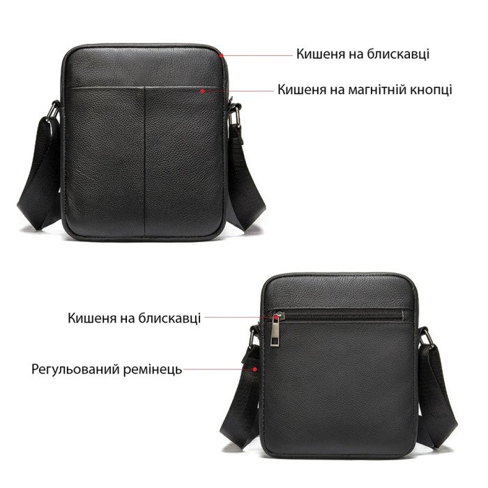 Чоловіча шкіряна сумка месенджер компактна чорна з натуральної шкіри флотар