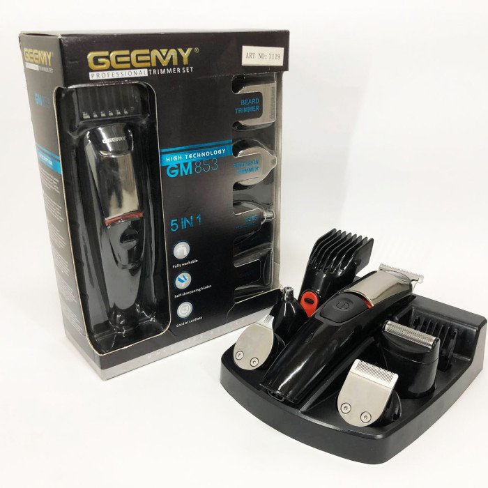 Машинка для стрижки 5в1 Geemy GM-853 стайлер, бритва, триммер на акумуляторі нержавіюча сталь 6 насадок