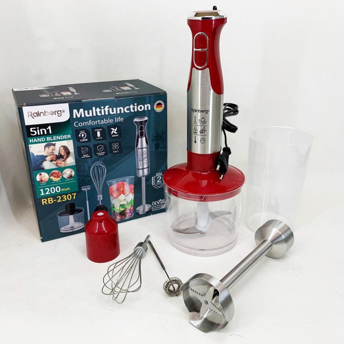 Блендер 5в1 Rainberg RB-2307 багатофункціональний занурювальний та стаціонарний Red