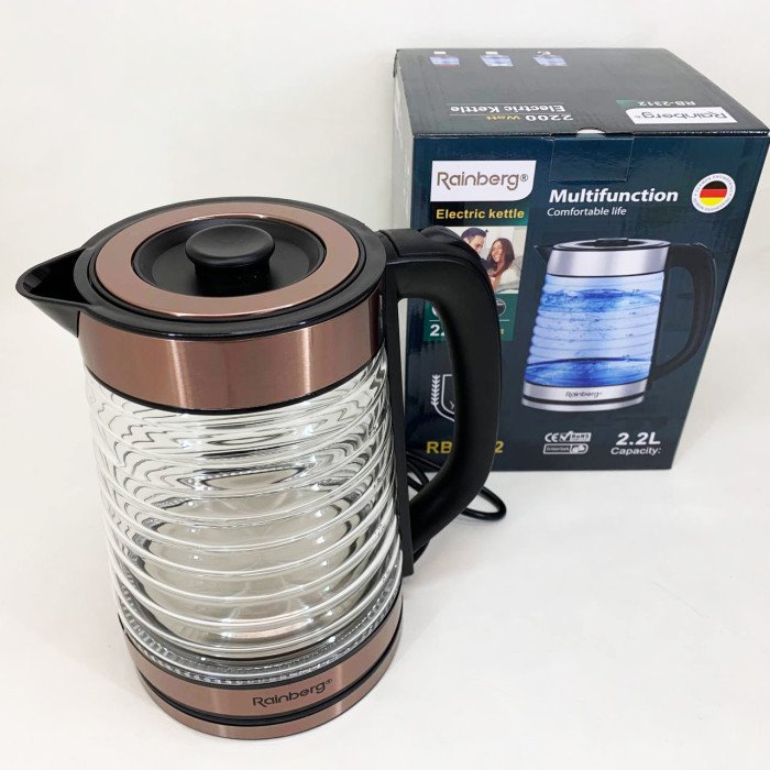 Електрочайник Rainberg RB-2312 скляний дисковий чайник 2.2л 2200Вт Brown