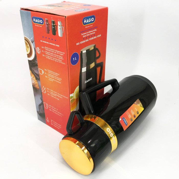 Термос Magio MG-1050B зі скляною колбою, Питний термос, Термос для кави. Колір: чорний