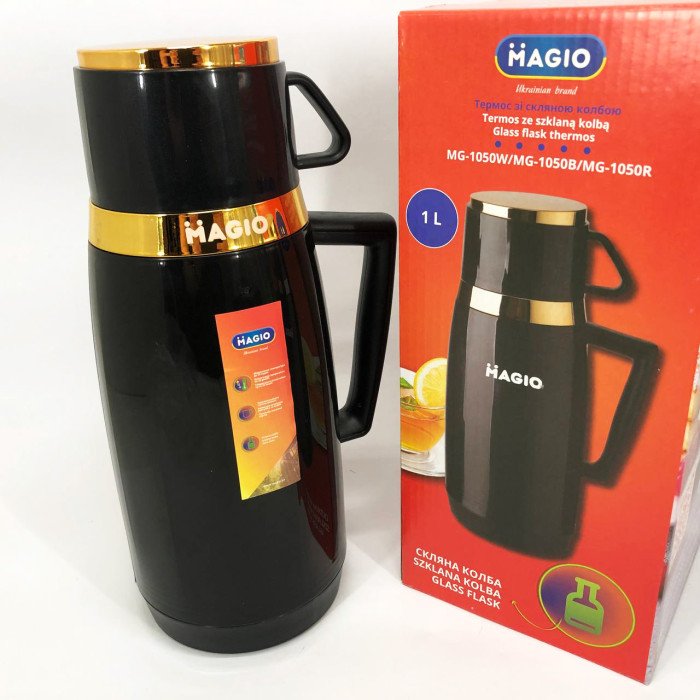 Термос Magio MG-1050B зі скляною колбою, Питний термос, Термос для кави. Колір: чорний